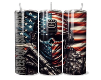 May include: A stainless steel tumbler with a skull wearing a bandana with the American flag design. The text "FREEDOM ISN'T FREE" is printed on the side of the tumbler.