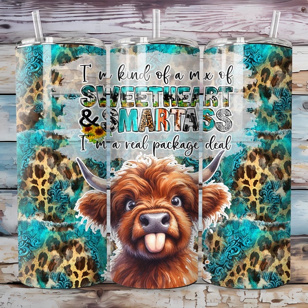 Sassy Highland Cow Tumbler Wrap, 20oz Skinny Tumbler Sublimation Design, Straight Tumbler Wrap, Highland Cow PNG Wrap,Country Girl Tumbler