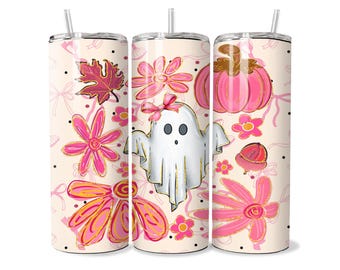 Pink Halloween Ghost Tumbler Wrap, Preppy Sublimation Design (Digital Download)