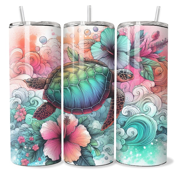 Summer Tumbler Wrap, 20oz Tumbler Sublimation Design,Sea Turtle Tumbler Wrap, Hibiscus 20oz Wrap Download,Sea Turtle PNG Download Wrap