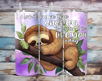Sloth Tumbler Wrap, 20oz Skinny Tumbler Sublimation Design,Purple Tumbler Wrap, Funny Humour 20oz Wrap Download,Adorable Sloth PNG Download