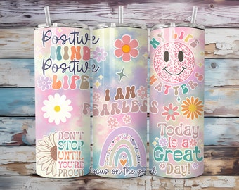 Positive Affirmations Tumbler Wrap, Retro Inspirational Quotes PNG Downloads, Positive 20oz Tumbler Png, Summer Skinny Tumbler Design