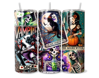 Vaso térmico con diseño de cartas del tarot de Halloween, vaso delgado de 20 oz con sublimación (PNG)