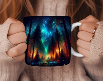 Opakowanie na kubek z motywem lasu Northern Lights, sublimacja PNG (pobranie cyfrowe)