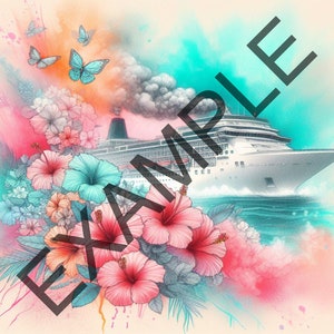 May include: A white cruise ship sailing through turquoise water with pink and blue flowers in the foreground. The flowers are surrounded by a watercolor-like background with splashes of pink, blue, and green.
