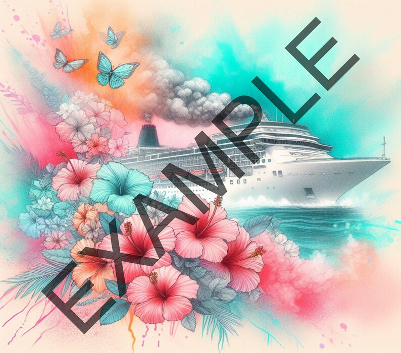 May include: A white cruise ship sailing through turquoise water with pink and blue flowers in the foreground. The flowers are surrounded by a watercolor-like background with splashes of pink, blue, and green.