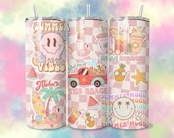 Summer Beach Tumbler Wrap, 20oz Skinny Tumbler Sublimation Design,Pink Tumbler Wrap, Groovy 20oz Wrap Download,Adult 20oz PNG Download