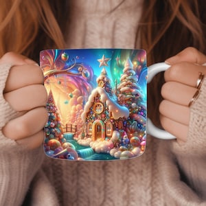 Könnte beinhalten: Eine weiße Keramiktasse mit einer bunten Illustration eines Lebkuchenhauses, umgeben von Zuckerstangen, Lutschern und anderen Süßigkeiten. Das Haus ist mit Süßigkeiten und Zuckerguss verziert.