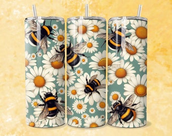 Bumble Bee Daisy 20oz Tumbler Wrap Sublimation Design (PNG Digital Download)