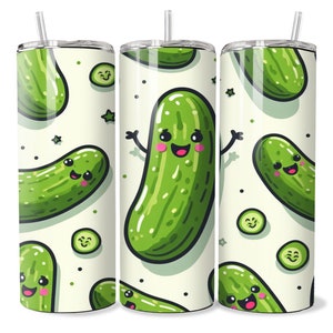 May include: Three stainless steel tumblers with a white background and a repeating pattern of green cartoon pickles with smiling faces.
