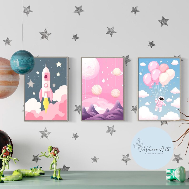 Pink Space Nursery Digital Prints Set of 6 Highquality Jpgs Instant