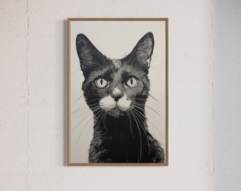 Monochrome Cat Portrait | Instant Download | Cat Printable Art | Ink Drawing | Catlover Gift | Black Cat Art | Cat Wall Poster