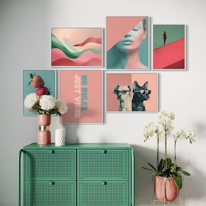 May include: A set of six framed prints with a pink and green color scheme. The prints feature abstract designs, a woman's face, a person walking on a red path, two dogs wearing sunglasses, and the text "No Rules Just Vibes".
