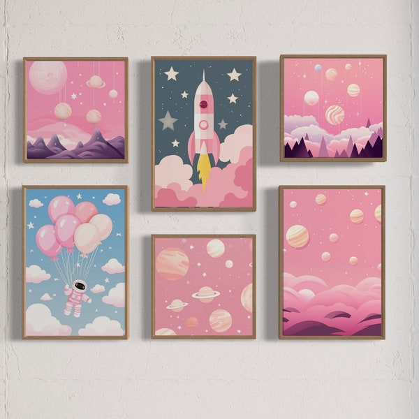 Pink Space Nursery Digital Prints | Set of 6 | High-Quality JPGs | Instant Download | Kids Room Decor | Gallery Wall Set Bundle
