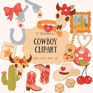 Cowboy Clipart Set | Western pastel graphics with png, svg, eps and ai – cute hats, skulls, cactus and boots – hand-drawn illustrations