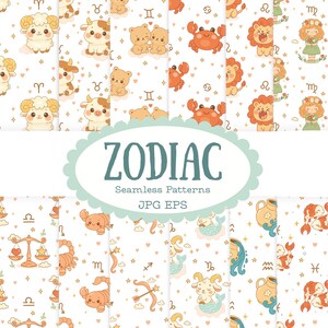 Padrões do Zodíaco Sem Costura – 12 Signos Fofos do Horóscopo, Papéis Digitais de Astrologia, Cliparts EPS e JPG Editáveis para Scrapbooking e Artesanato