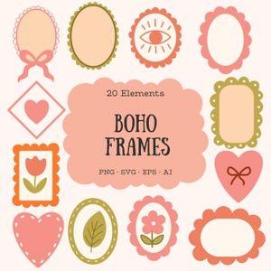 Boho Rahmen Clipart, pastellfarbene dekorative Rahmen, handgezeichnete Formen, png svg eps ai, niedliche Label Clipart, digitale Scrapbook Elemente