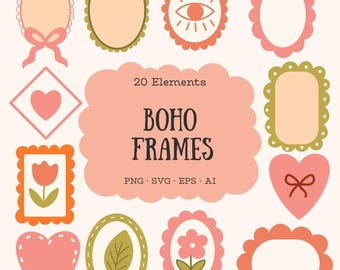 Boho frame clipart, pastel decorative frames, hand drawn shapes, png svg eps ai, cute label clipart, digital scrapbook elements