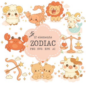 12 ilustrações fofas de clipart do zodíaco para decoração de berçário, chá de bebê e arte infantil – download digital, png, svg, eps, ai