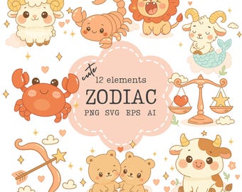 12 cute zodiac clipart illustrations for nursery decor, baby shower and kids art – digital download, png, svg, eps, ai