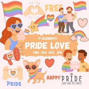 Süßes LGBT Pride Clipart Set, Regenbogen Herzen und Flaggen, png svg eps jpg, digitaler Download zum Basteln und Drucken