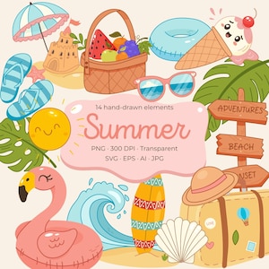 Summer clipart set – 14 cute hand drawn beach illustrations in png, svg, eps, ai, jpg for sublimation, stickers, Cricut, printable vector