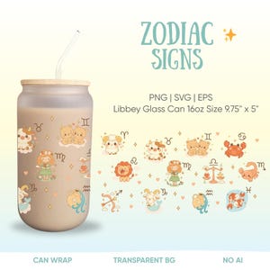 Zodiac Signs Libbey Glass Wrap – Kawaii Hand-Drawn Clipart for 16oz Can | PNG, SVG, EPS | Horoscope Cup Design | Cute Astrology Clip Art
