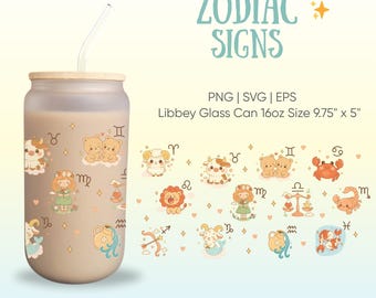 Zodiac Signs Libbey Glass Wrap – Kawaii Hand-Drawn Clipart for 16oz Can | PNG, SVG, EPS | Horoscope Cup Design | Cute Astrology Clip Art