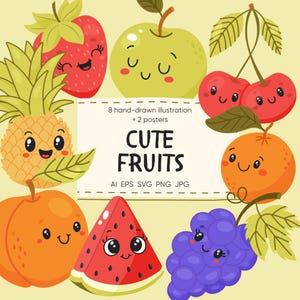 Clipart di frutta estiva kawaii con facce sorridenti 8 frutti carini e 2 poster png svg jpg ai eps per bambini adesivi carte e stampabili
