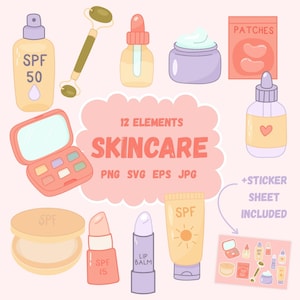 Set di clipart per la cura della pelle – Adesivi carini per la routine di bellezza – Png Svg Jpg Eps – Illustrazioni cosmetiche pastello per planner e uso stampabile