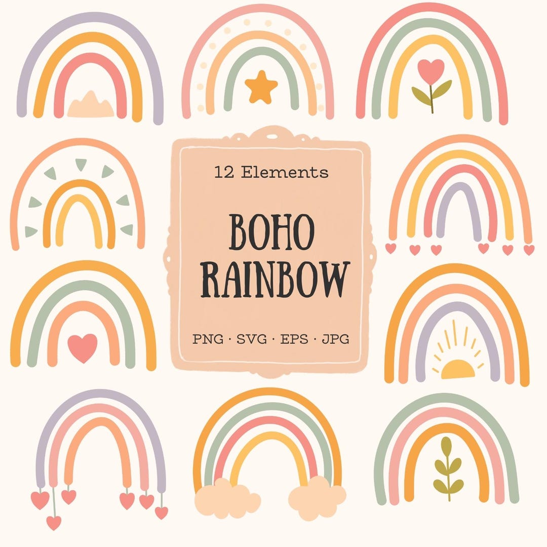 Boho Rainbow Clipart, Pastel Rainbow Svg, Cute Hand Drawn Nursery ...