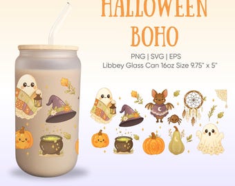 Boho Halloween Libbey Glass Can Wrap 16oz | Cute Sublimation PNG SVG EPS | Spooky Fall Digital Clipart for Cricut & Printing