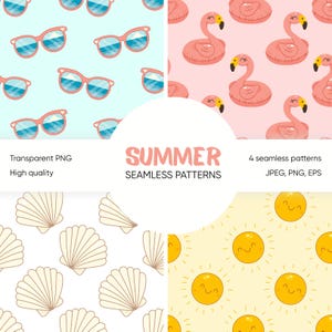 Summer Beach Seamless Patterns, Flamingo, Sun, Shell, Sunglasses, Digital Paper, Scrapbooking Paper, Sublimation Files, JPEG PNG EPS