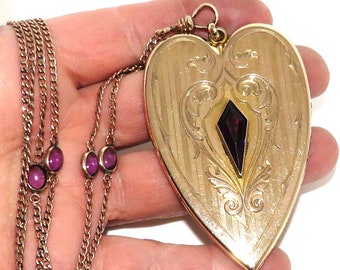 Large Antique Art Nouveau Gold Filled Heart Locket with Purple Crystal on Antique Gold Filled Chain with Purple Crystals
