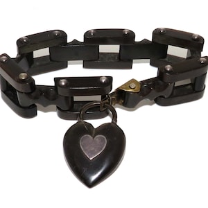 Victorian Carved Cow Horn Link Bracelet with Heart Padlock Clasp