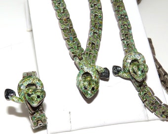 Vintage Mexico Sterling and Enamel Snake Necklace, Bracelet, and Ring