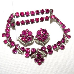 Fuchsia Vintage Rhinestone Necklace and Clip Earrings