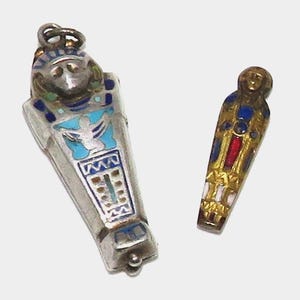 Antique Silver and Enamel Egyptian Souvenir Sarcophagus and Mummy Charm-Pendant