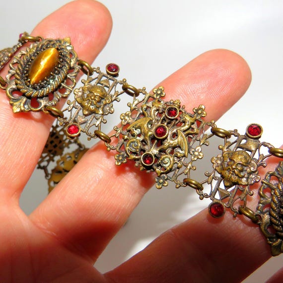 Antique Renaissance Revival Brass Bracelet with Dragons and Faces