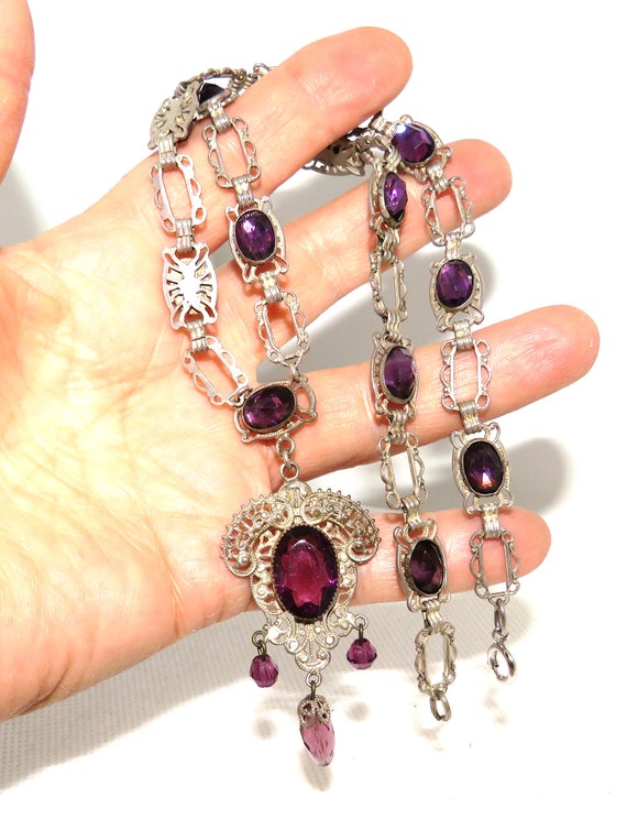 Art Nouveau Purple Glass Necklace with Dangles - image 3