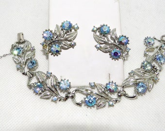 Coro Blue Aurora Borealis Rhinestone Bracelet and Clip Earrings