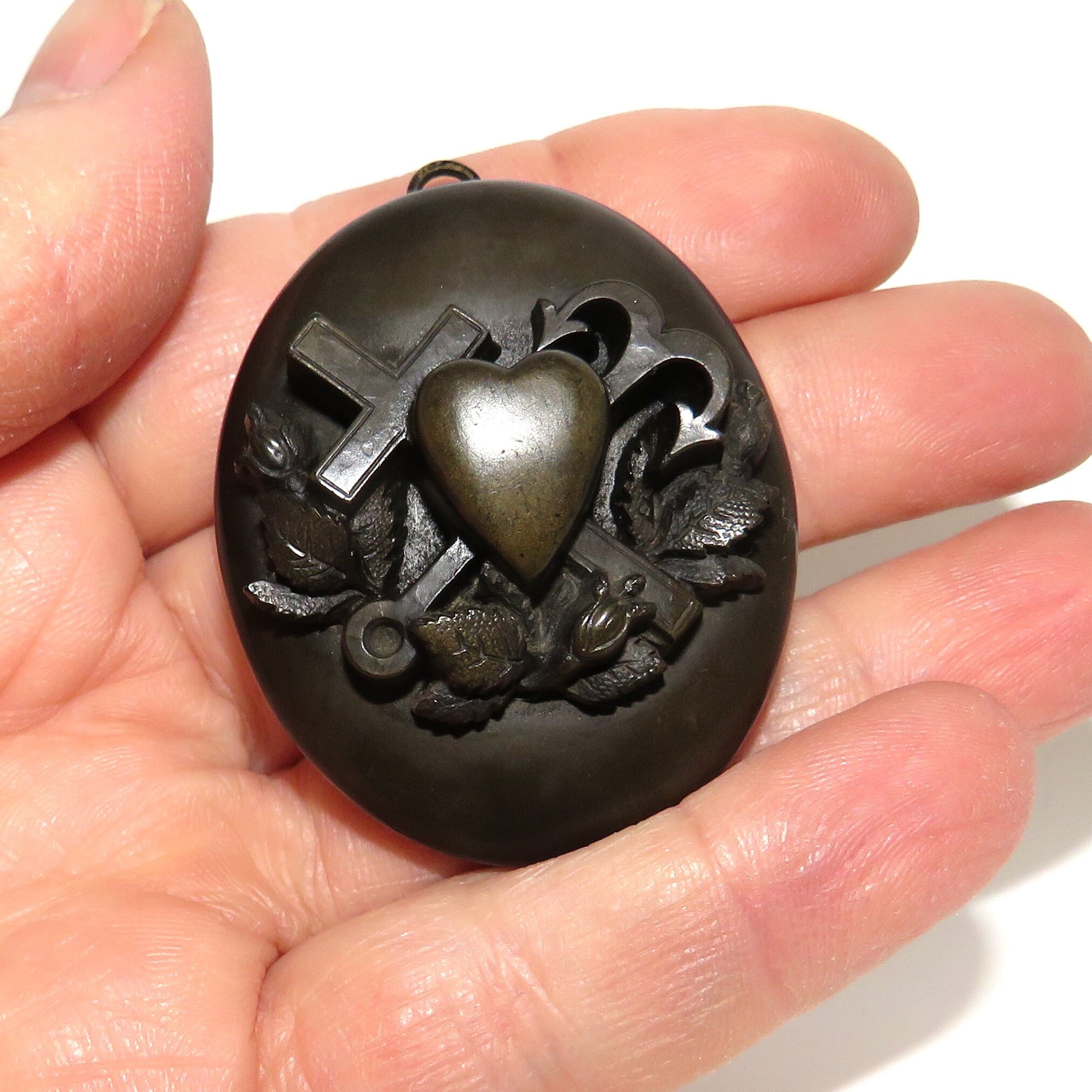 Victorian Vulcanite Faith Hope and Charity Mourning Locket