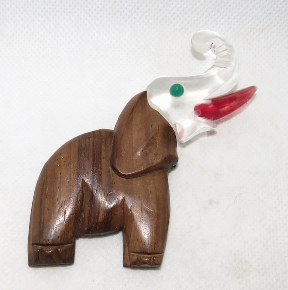 1950's Carved Wood and Lucite Elephant Pin - image 2