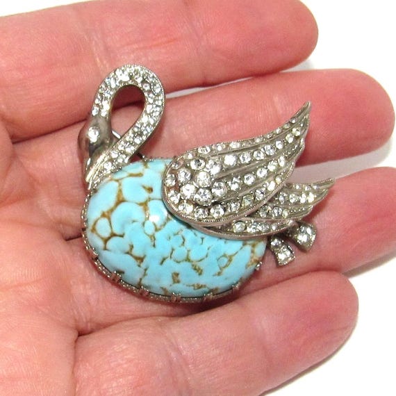 Western Germany Rhinestone and Art Glass Cabochon Swan Pin