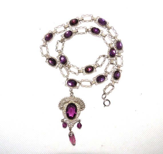 Art Nouveau Purple Glass Necklace with Dangles - image 1