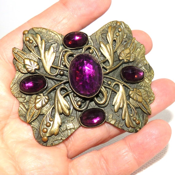 Art Nouveau Sash Pin with Purple Stones - image 4