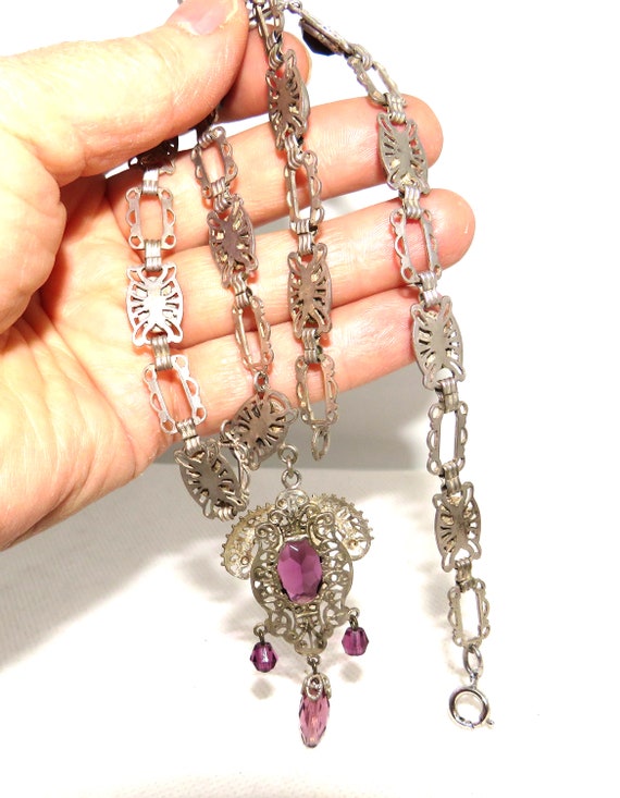 Art Nouveau Purple Glass Necklace with Dangles - image 4