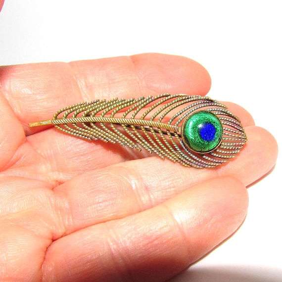 Art Nouveau Brass Feather Pin with Peacock Eye Glass