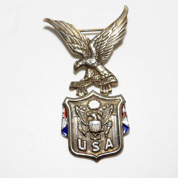 WWII Sterling Patriotic Pin with Eagle and USA - image 1