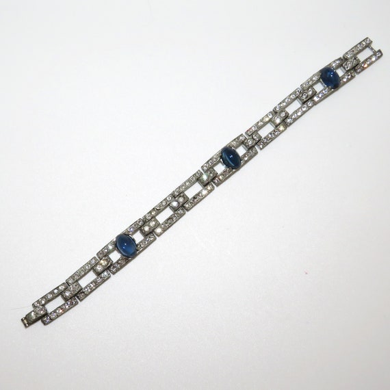 1920's Art Deco Rhinestone and Blue Glass Bracelet - image 4